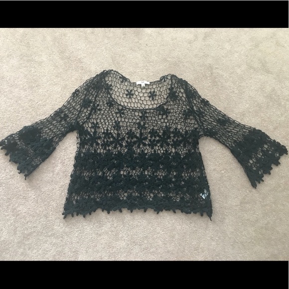 Crochet Black long bell sleeve cover up/shirt - Picture 2 of 7